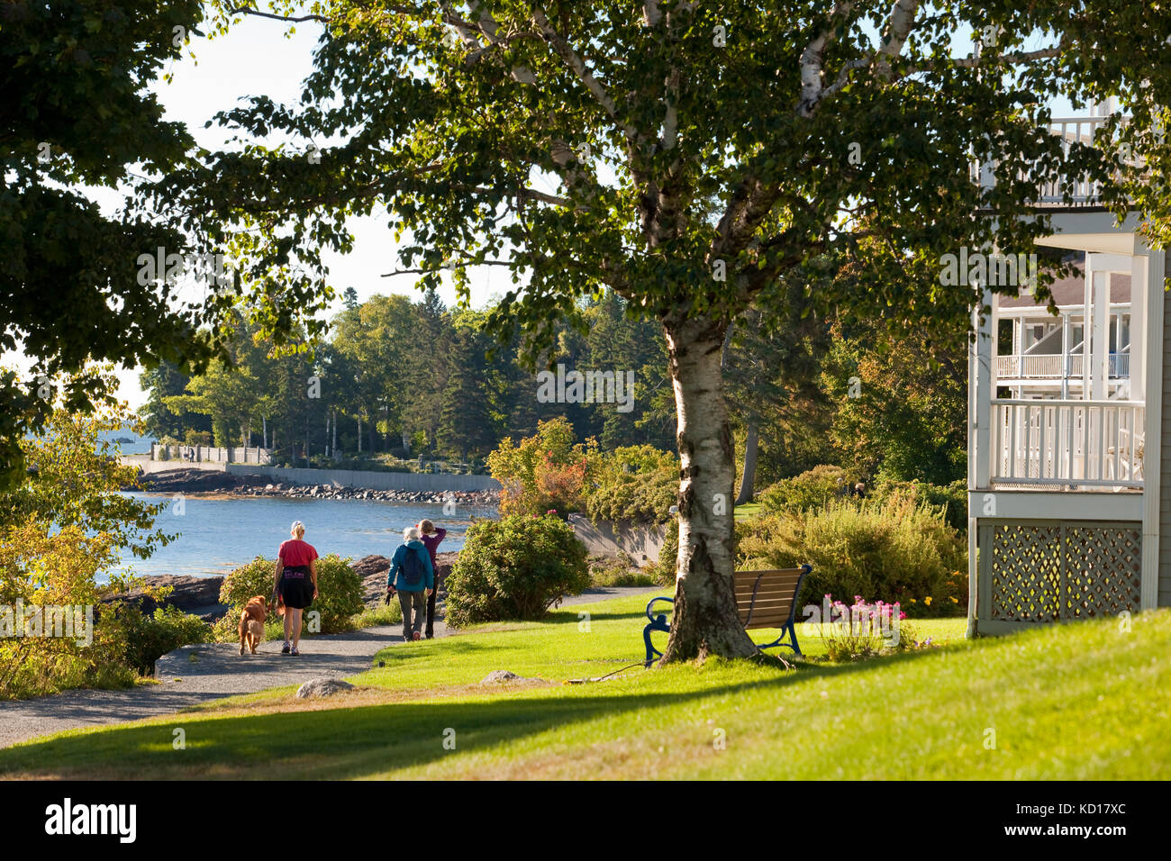 Popular 'Shore Path' that starts in Bar Harbor and extends three quarters of a mile along Frenchman Bay, Bar Harbor, Maine, U.S.A. Stock Photo