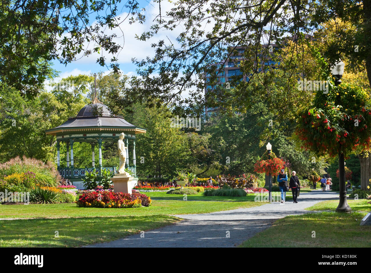 Ornate wooden bandstand built to commemorate Queen Victoria's Golden Jubilee in 1887 and located in the center of the Halifax Public Gardens, Halifax, Nova Scotia, Canada Stock Photo