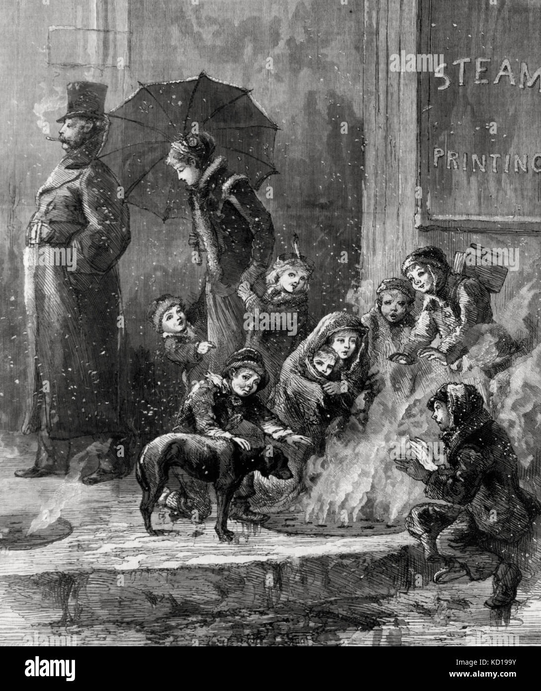 The Hearth stone of the poor -waste steam not wasted -  Homeless people heating themselves with steam rising from grating in pavement, while a disinterested wealthy family walks by.  1876 Stock Photo