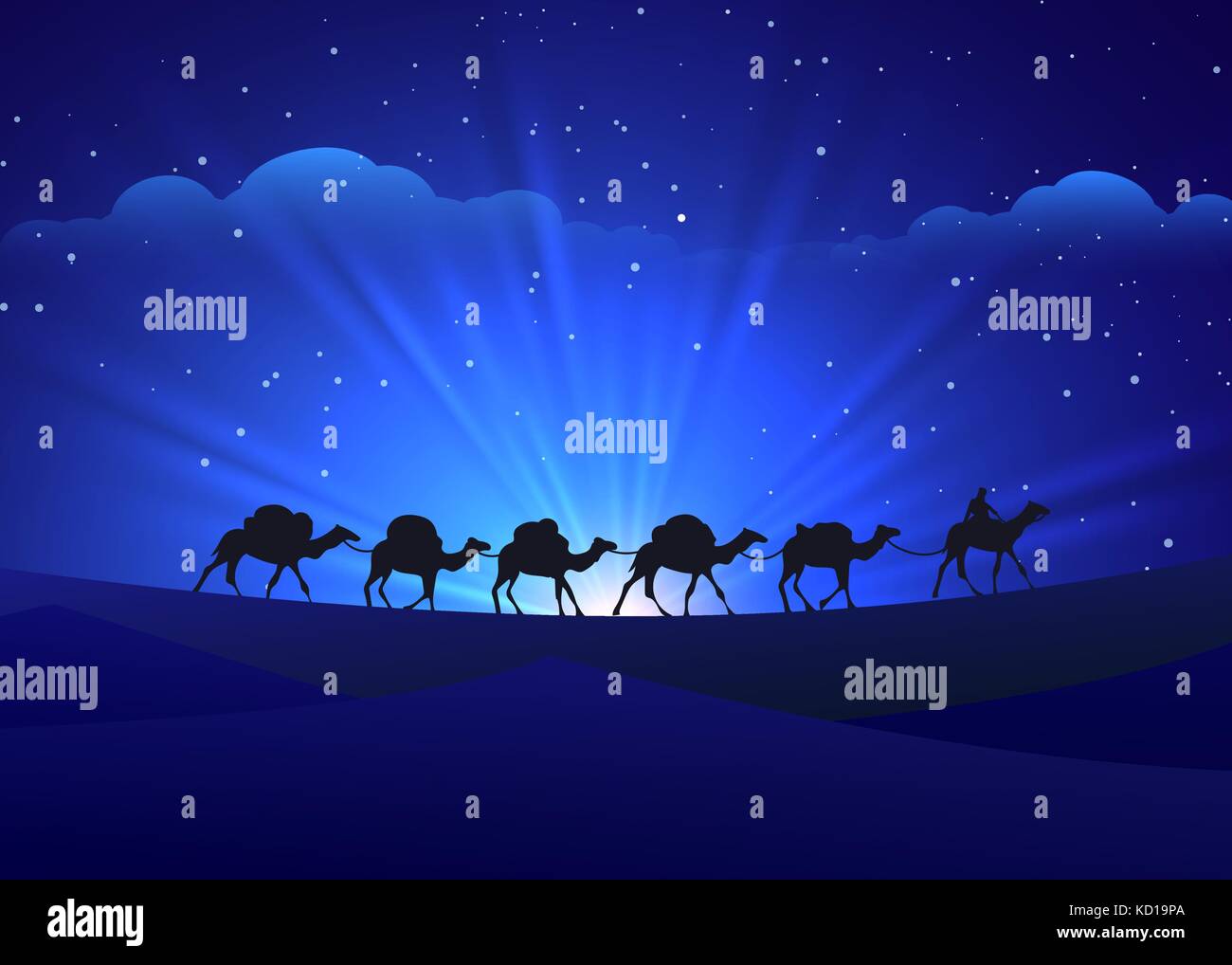 Walking camel caravan night background Stock Vector