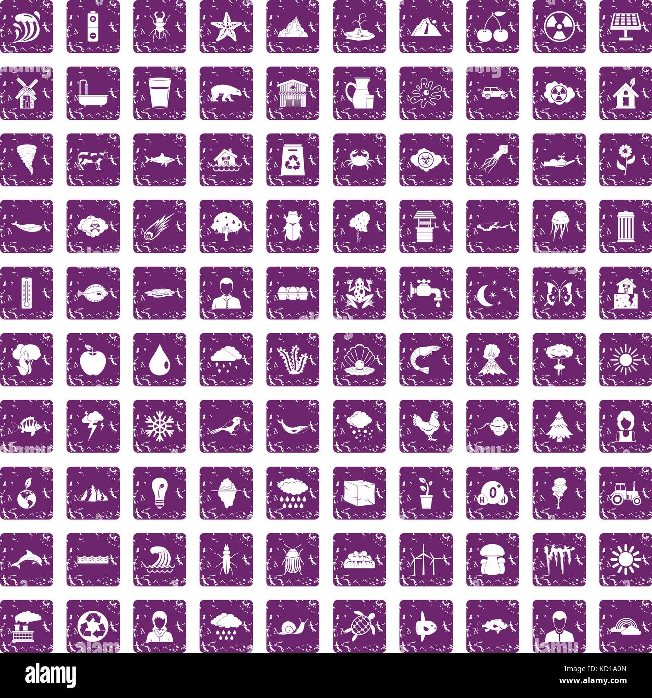 100 earth icons set grunge purple Stock Vector