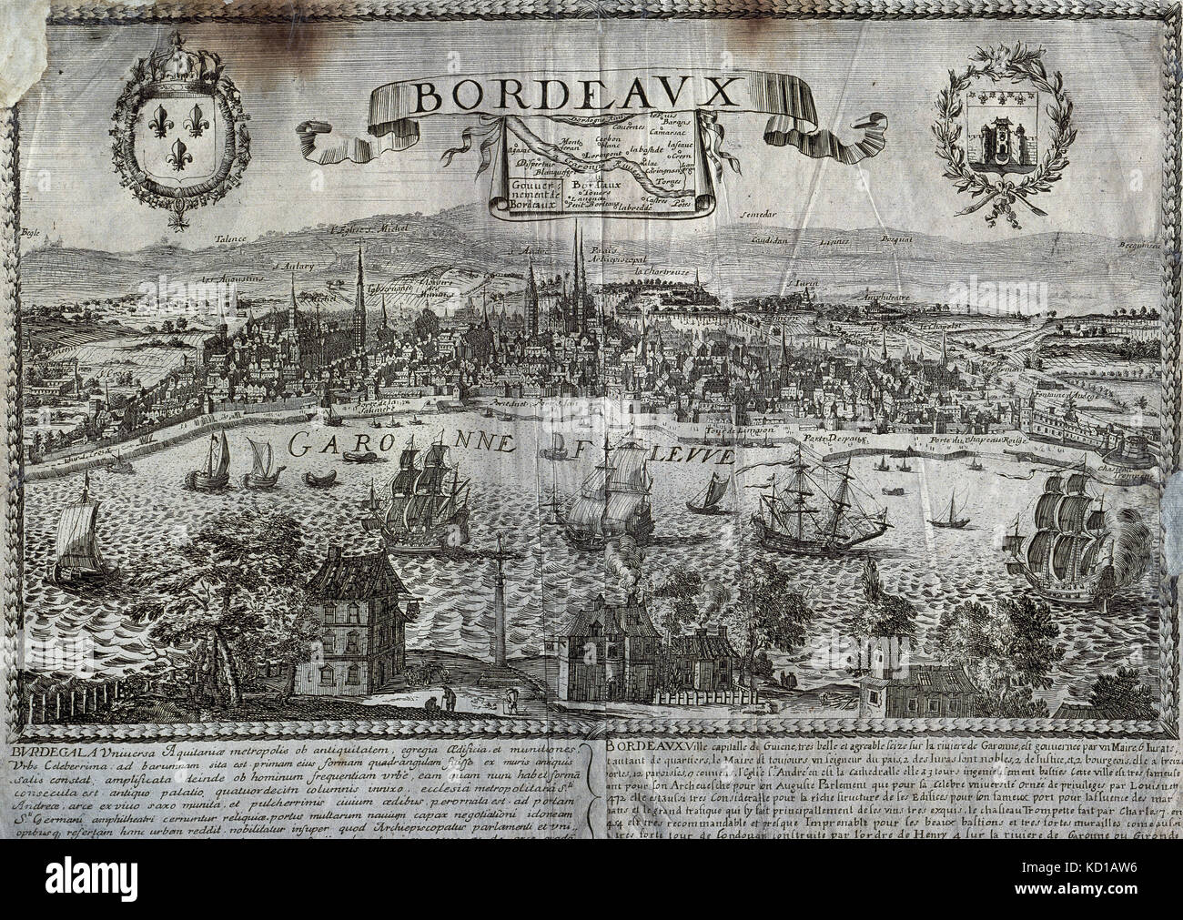 History of France. Bordeaux. Panorama of the city on the banks of the river Garonne. Engraving on metal, 16th century. Signed by Jollain, family of French engravers of the 16th-17th centuries. Stock Photo