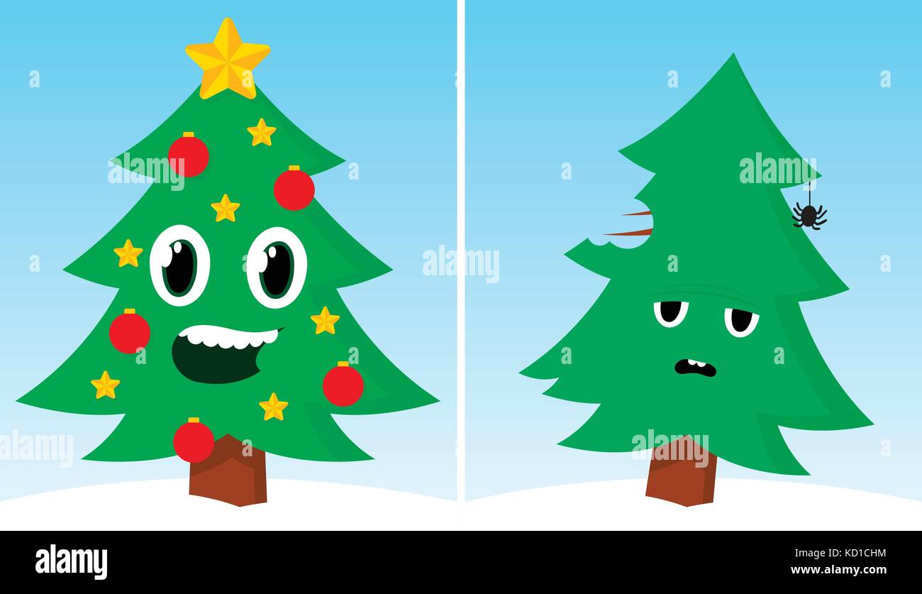 Cartoon christmas trees - happy and depressed, vector illustration Stock Vector