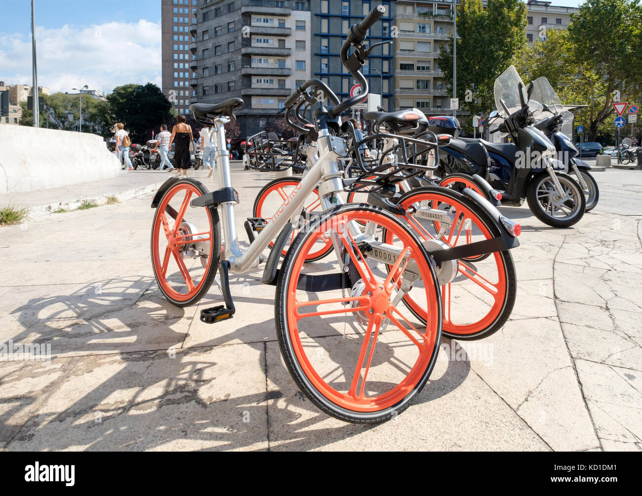Mobike cash-free smart bikes parked near Milan Railway station, Milan, Italy Stock Photo