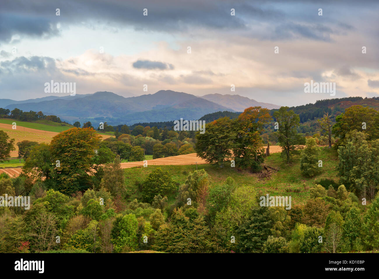 The Scottish mountains including Ben Chonzie that overlook the town of Crieff in autumn. Stock Photo