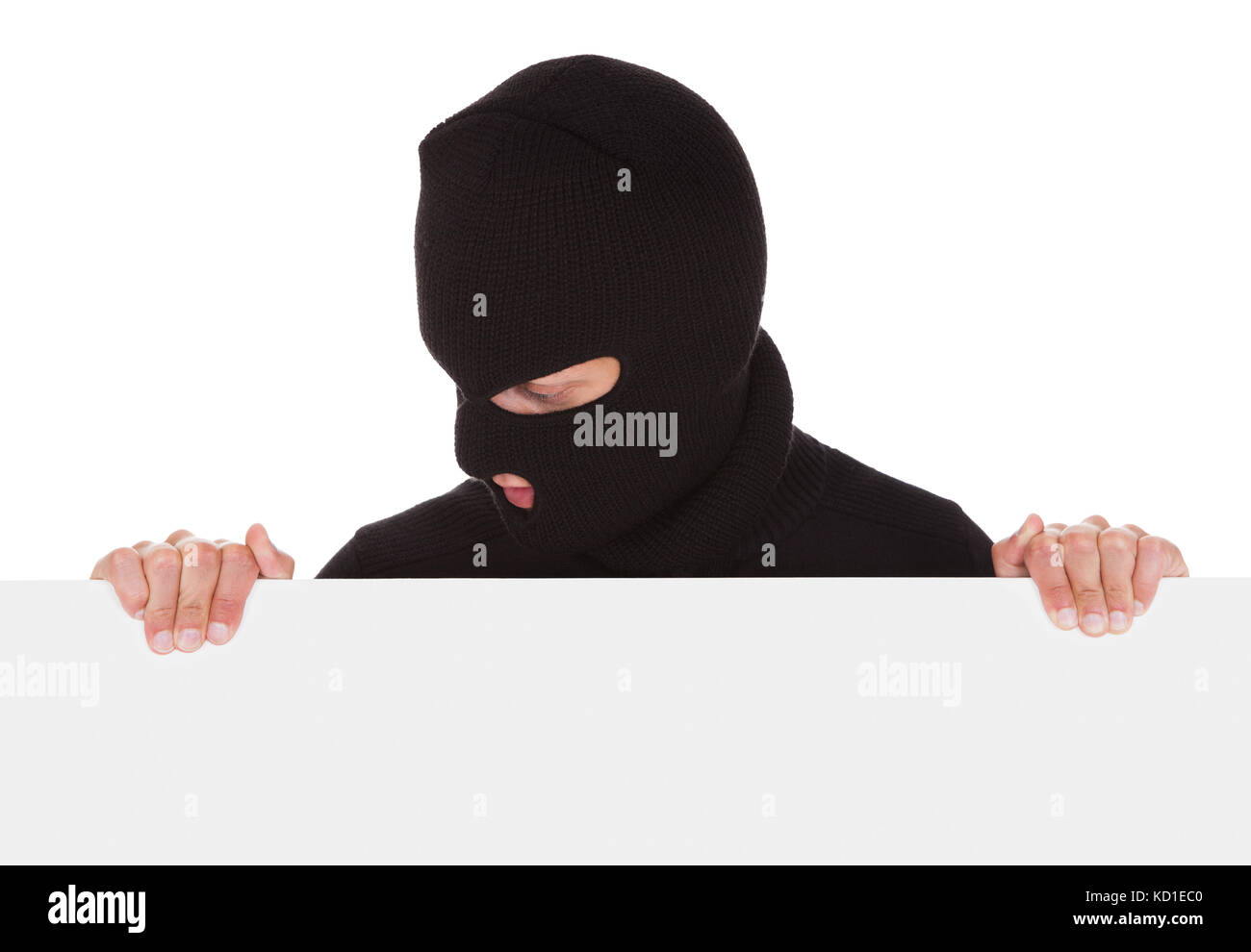 Burglar With Balaclava Holding Blank Placard Isolated On White ...