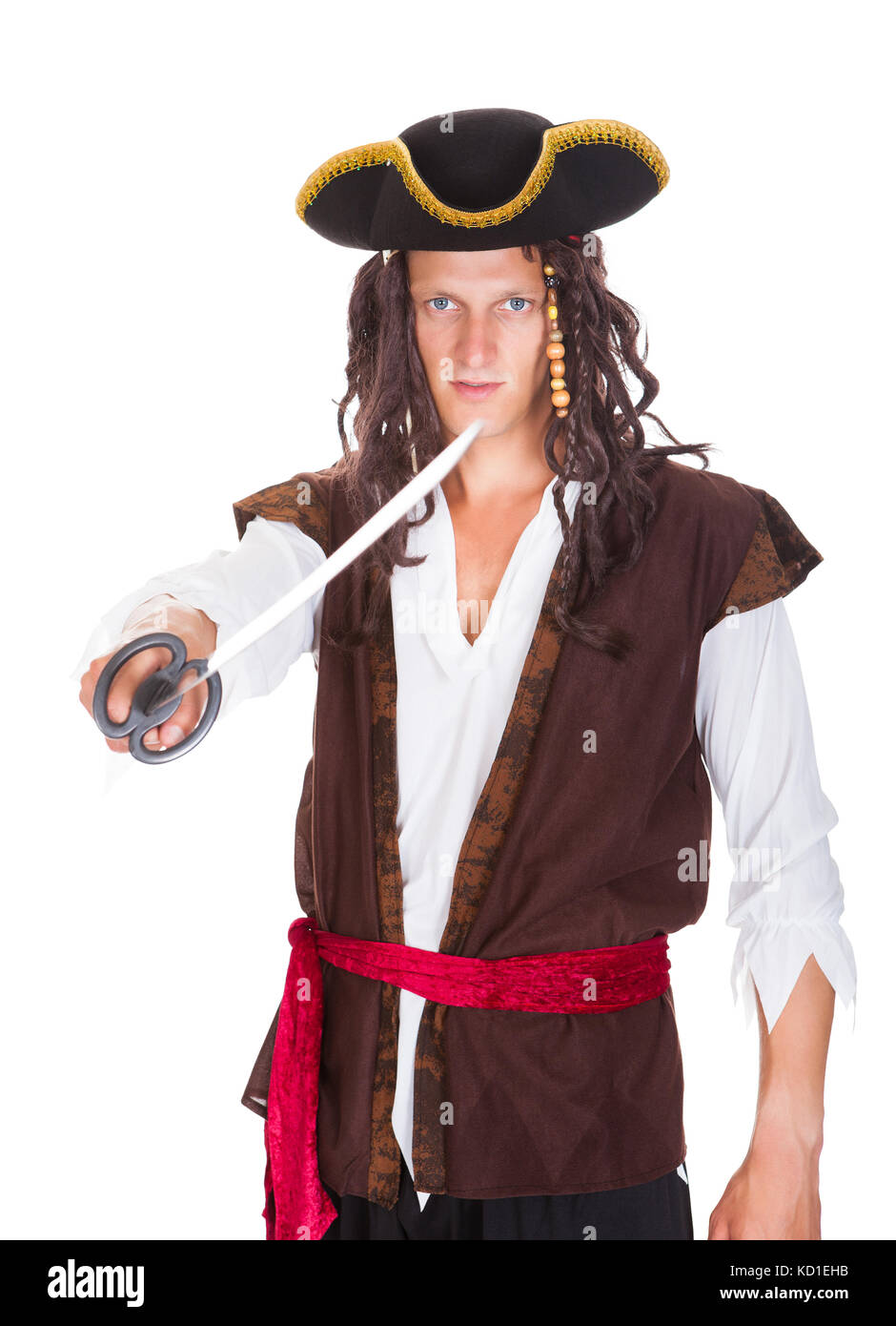 Portrait Of A Young Pirate Holding Sword On White Background Stock ...