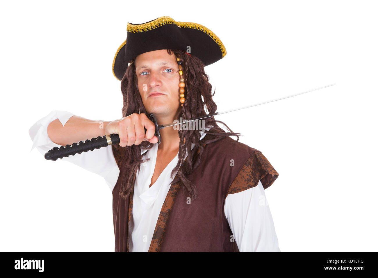 Portrait Of A Young Pirate Holding Sword On White Background Stock ...