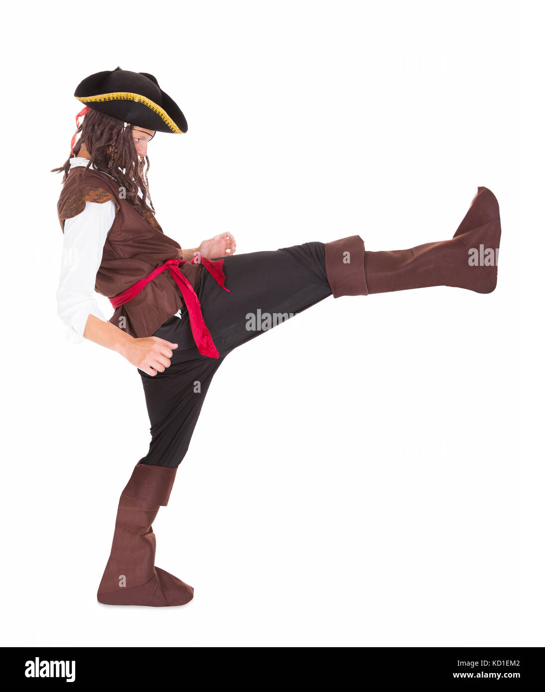Portrait Of A Pirate Kicking Over White Background Stock Photo