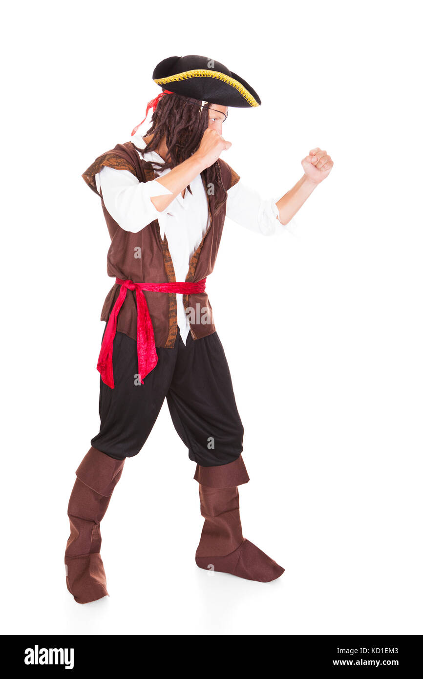 Portrait Of A Pirate Punching Over White Background Stock Photo
