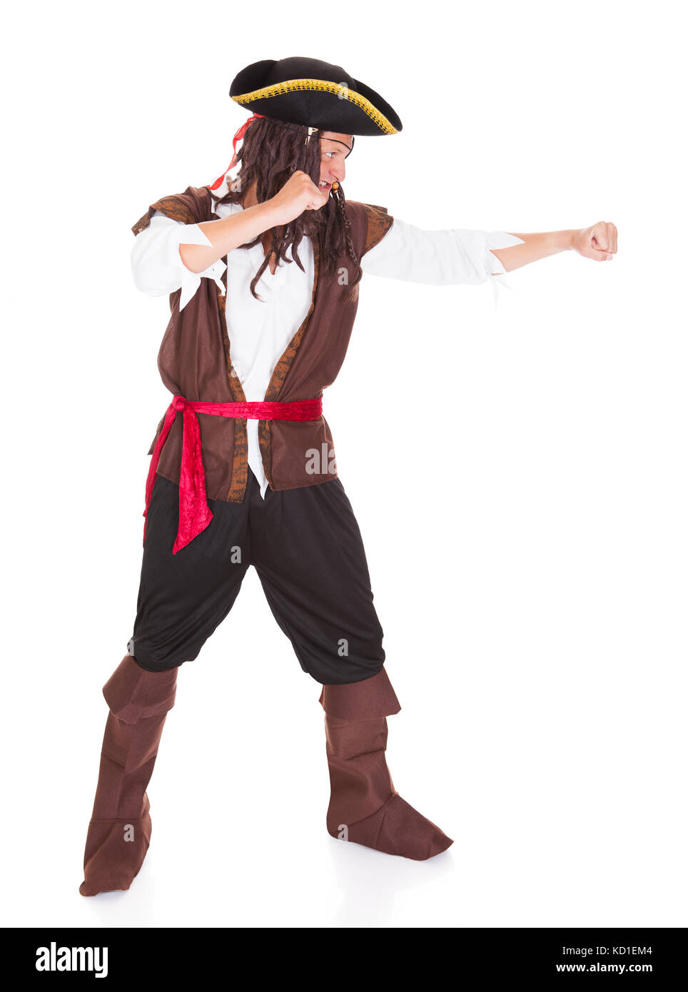 Portrait Of A Pirate Punching Over White Background Stock Photo