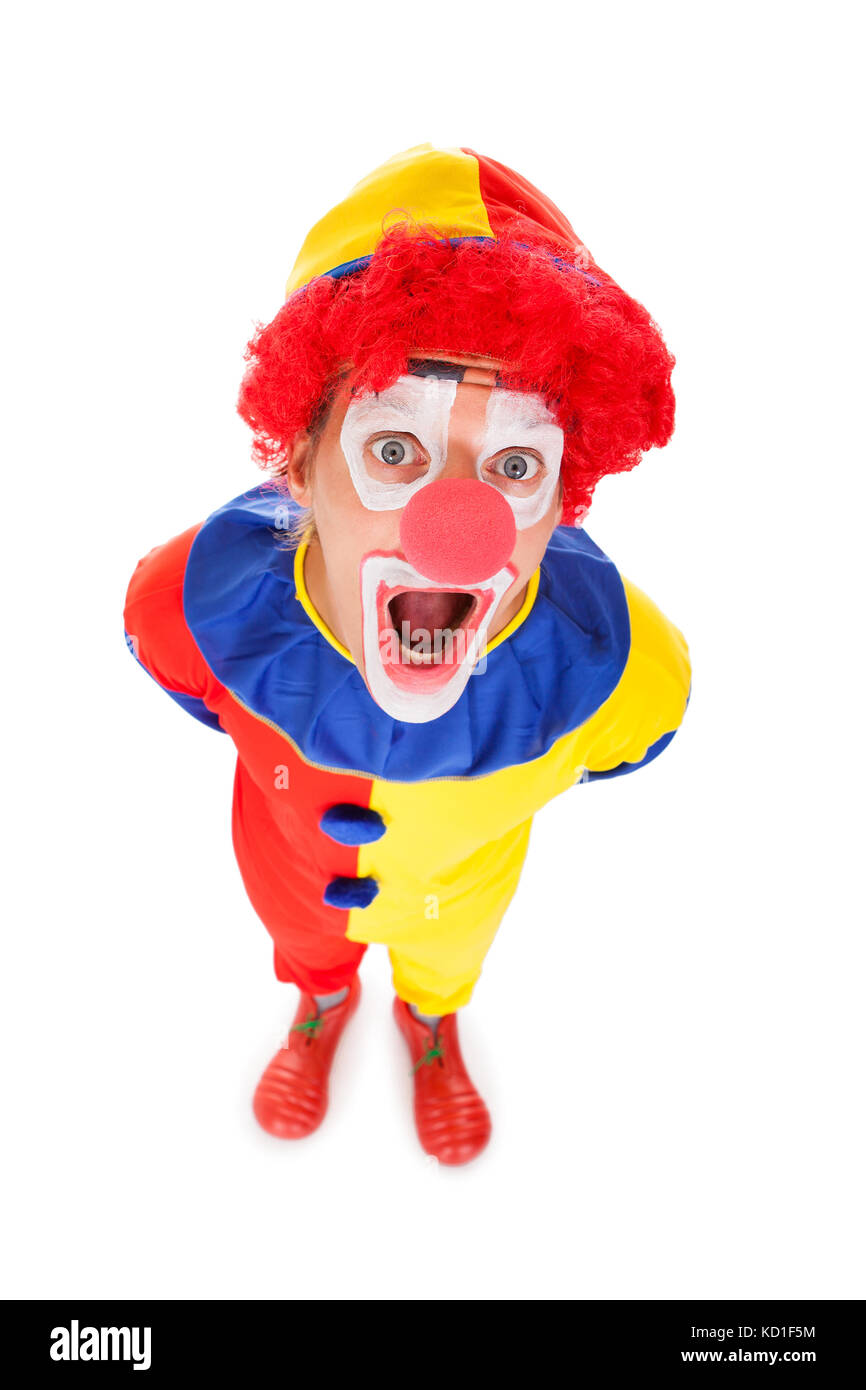 High Angle View Of A Shocked Joker White Background Stock Photo