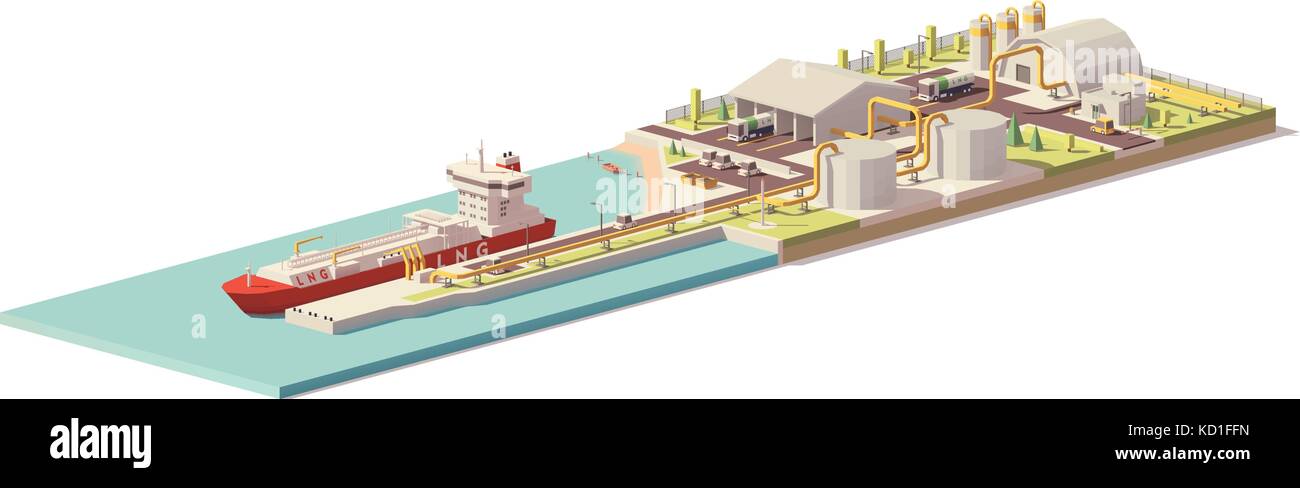 Vector low poly LNG terminal and LNG carrier ship Stock Vector