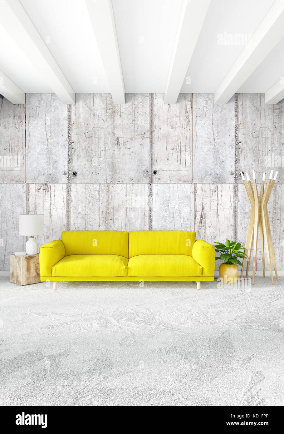 Yellow bedroom or livingroom in modern style interior design with exuding wall and stylish furniture 3d rendering