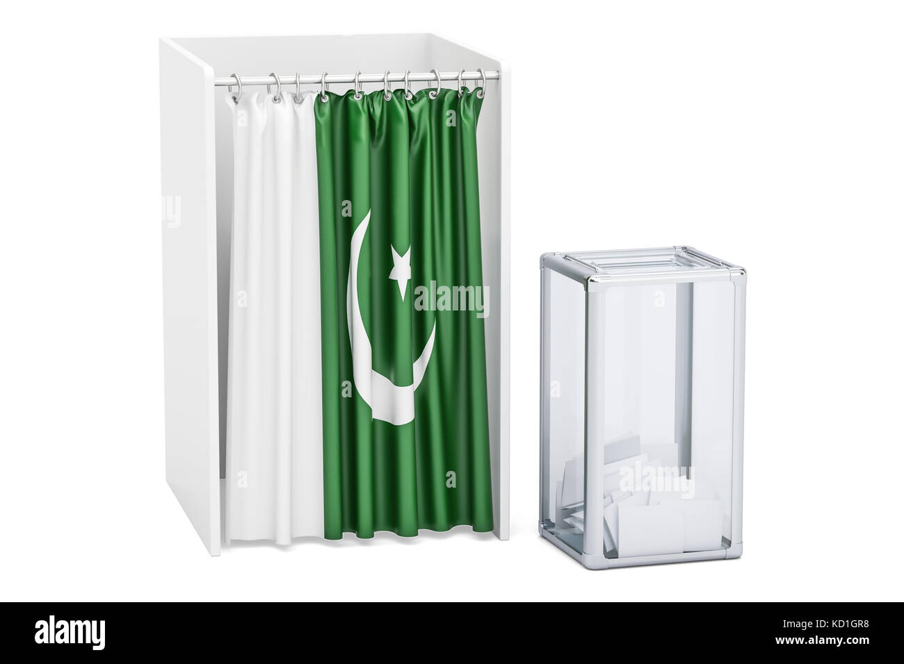 Pakistani election concept, ballot box and voting booths with flag of Pakistan, 3D rendering Stock Photo