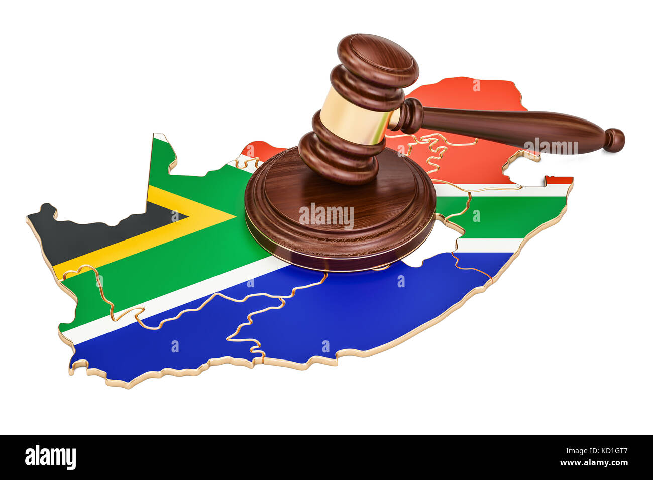 Wooden Gavel on map of South Africa, 3D rendering isolated on white background Stock Photo