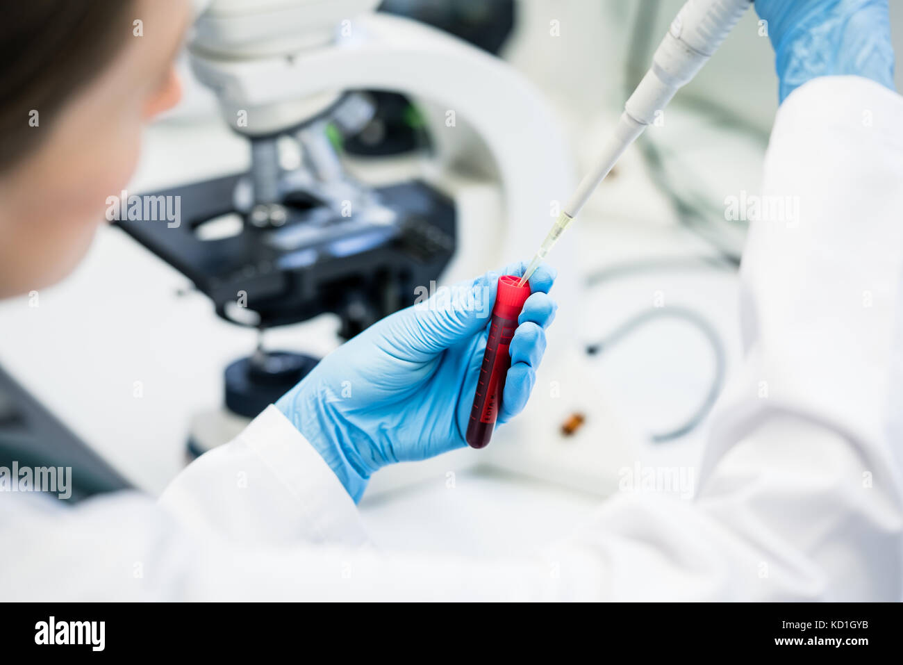 Doctor or lab assistant putting solution in blood test at the la Stock Photo