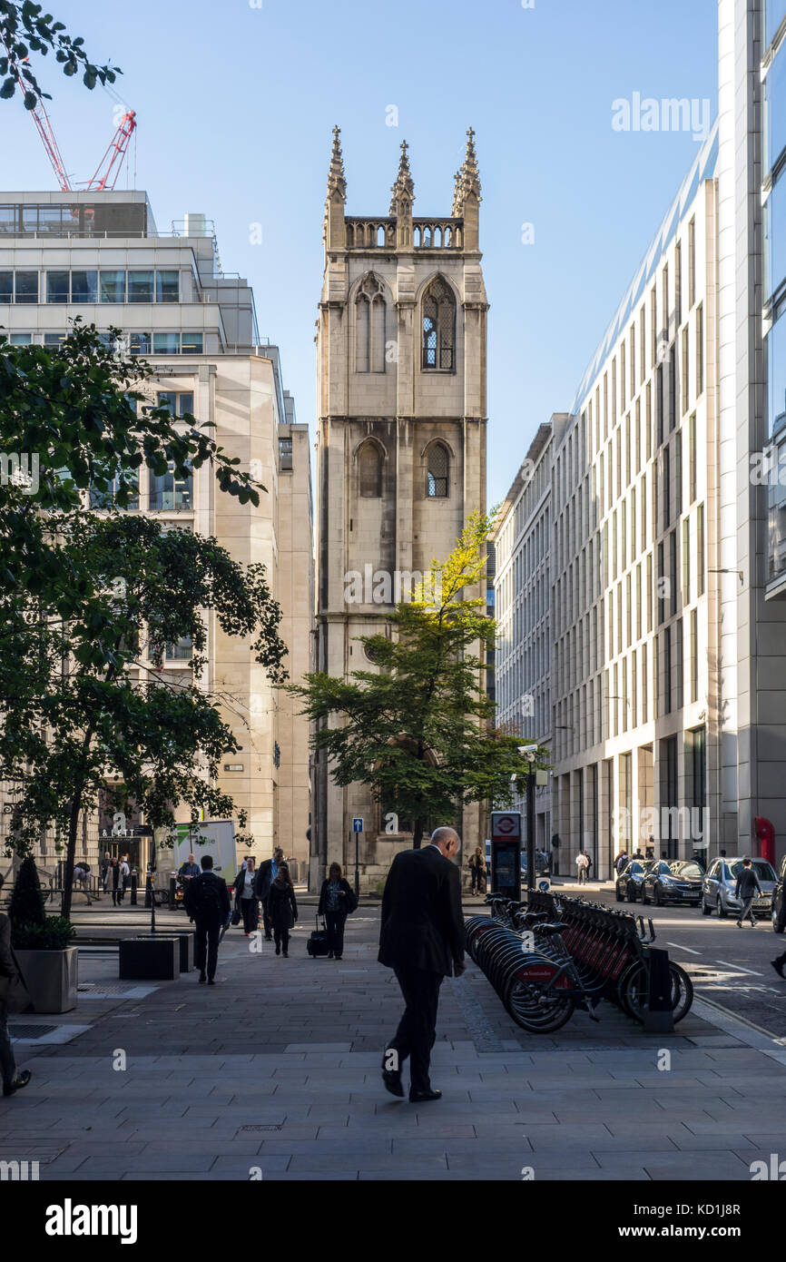 Church of St Alban tower by Christopher Wren viewed from Wood Street, City of London, UK Stock Photo