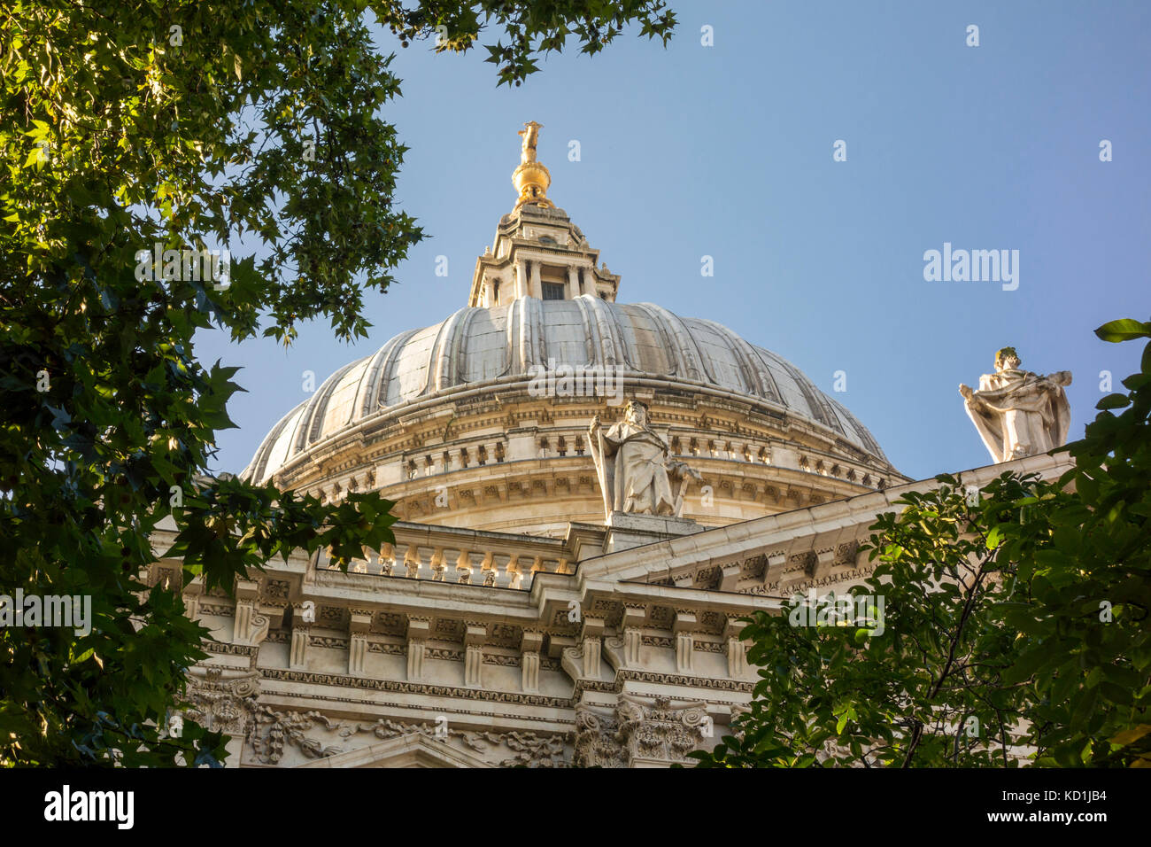 St. Paul's Cathedral dome viewed through trees and leaves in the churchyard garden. City of London, UK Stock Photo