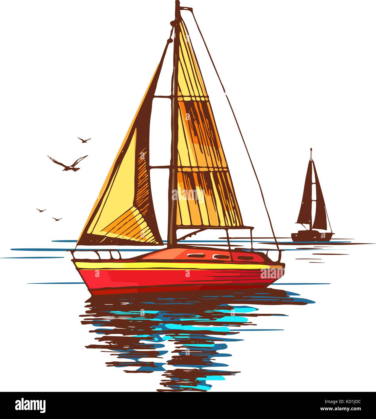 yachts and seagulls on the background of the sea Stock Vector