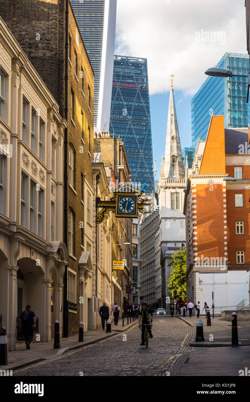 View looking up St Mary at Hill, City of London ancient lane, London, UK Stock Photo