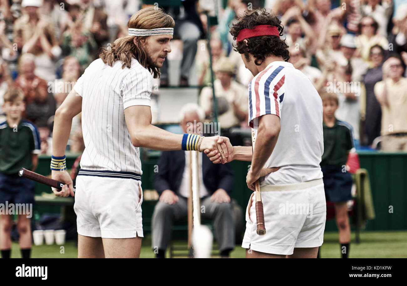 Borg McEnroe (Swedish: Borg), also known as Borg vs McEnroe, is a 2017 English-language Swedish biographical sports drama film focusing on the famous rivalry between famous tennis players Björn Borg and John McEnroe at the 1980 Wimbledon Championships.  This photograph is for editorial use only and is the copyright of the film company and/or the photographer assigned by the film or production company and can only be reproduced by publications in conjunction with the promotion of the above Film. A Mandatory Credit to the film company is required. The Photographer should also be credited when kn Stock Photo