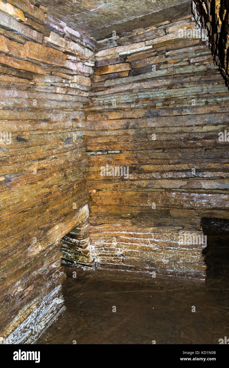 Inside the Cuween Hill chambered cairn. Orkney Mainland, Scotland, UK. Stock Photo