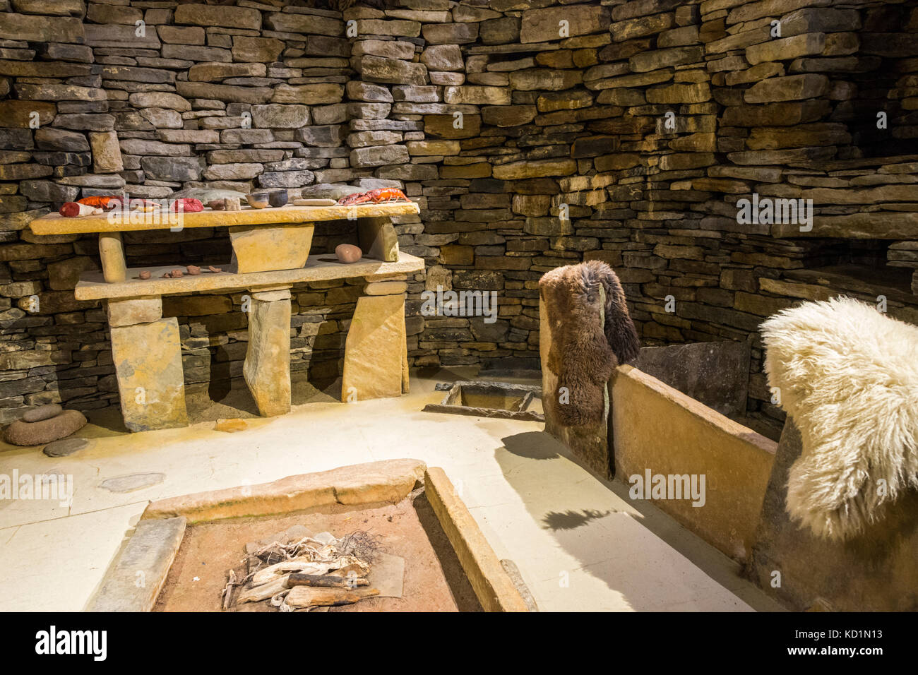 A modern reproduction of the interior of a dwelling at Skara Brae Neolithic Village.,Orkney Mainland, Scotland, UK. Stock Photo