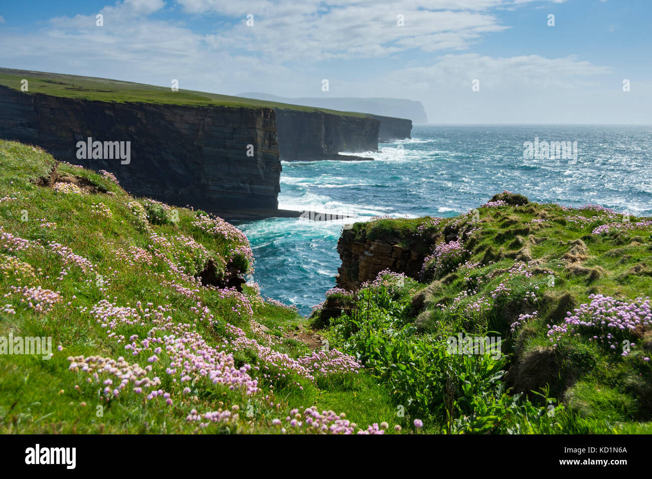 The cliffs at Yesnaby, Orkney Mainland, Scotland, UK.  The hills of Hoy in the distance. Stock Photo