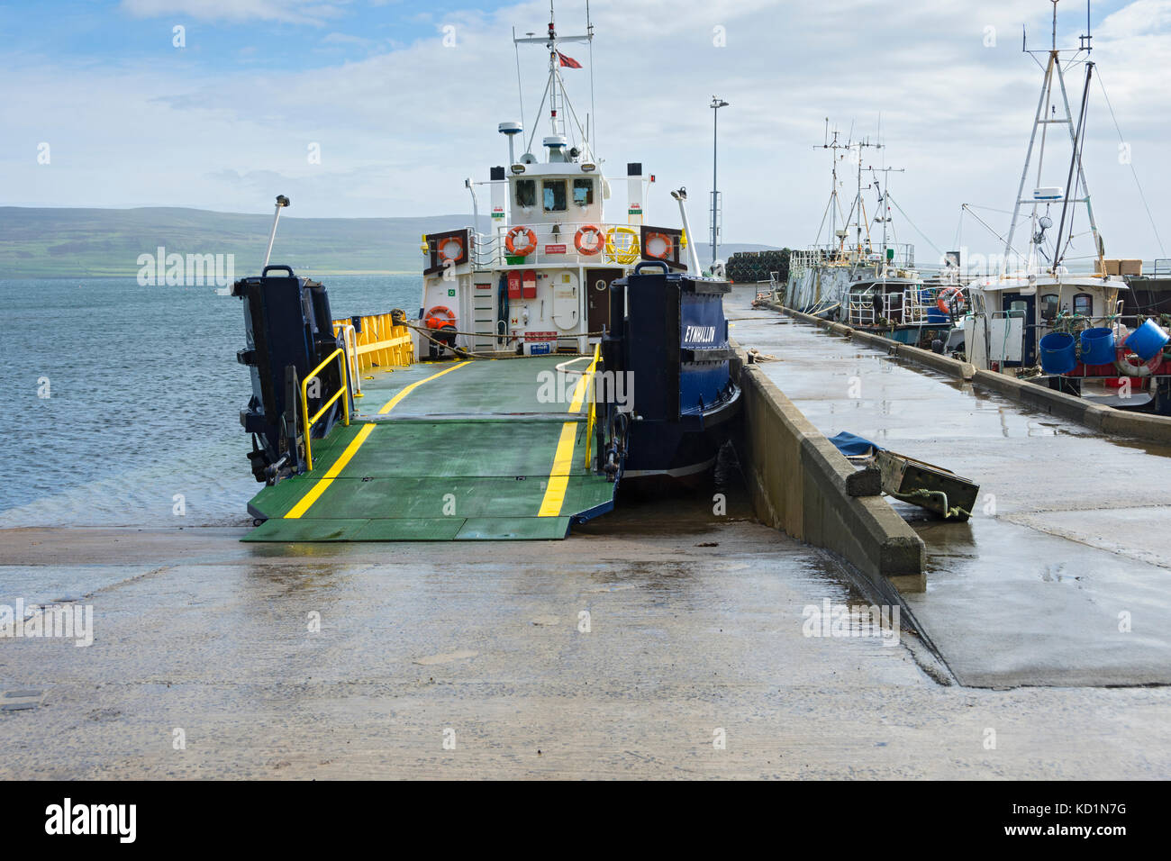 The Rousay vehicle ferry, the MV Eynhallow at Tingwall jetty, Orkney Mainland, Scotland, UK. Stock Photo