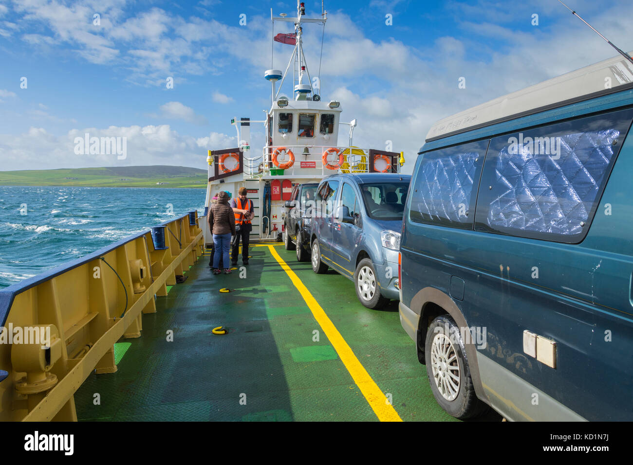 On board the vehicle ferry, the MV Eynhallow crossing Eynhallow Sound heading for the island of Rousay, Orkney Islands, Scotland, UK. Stock Photo
