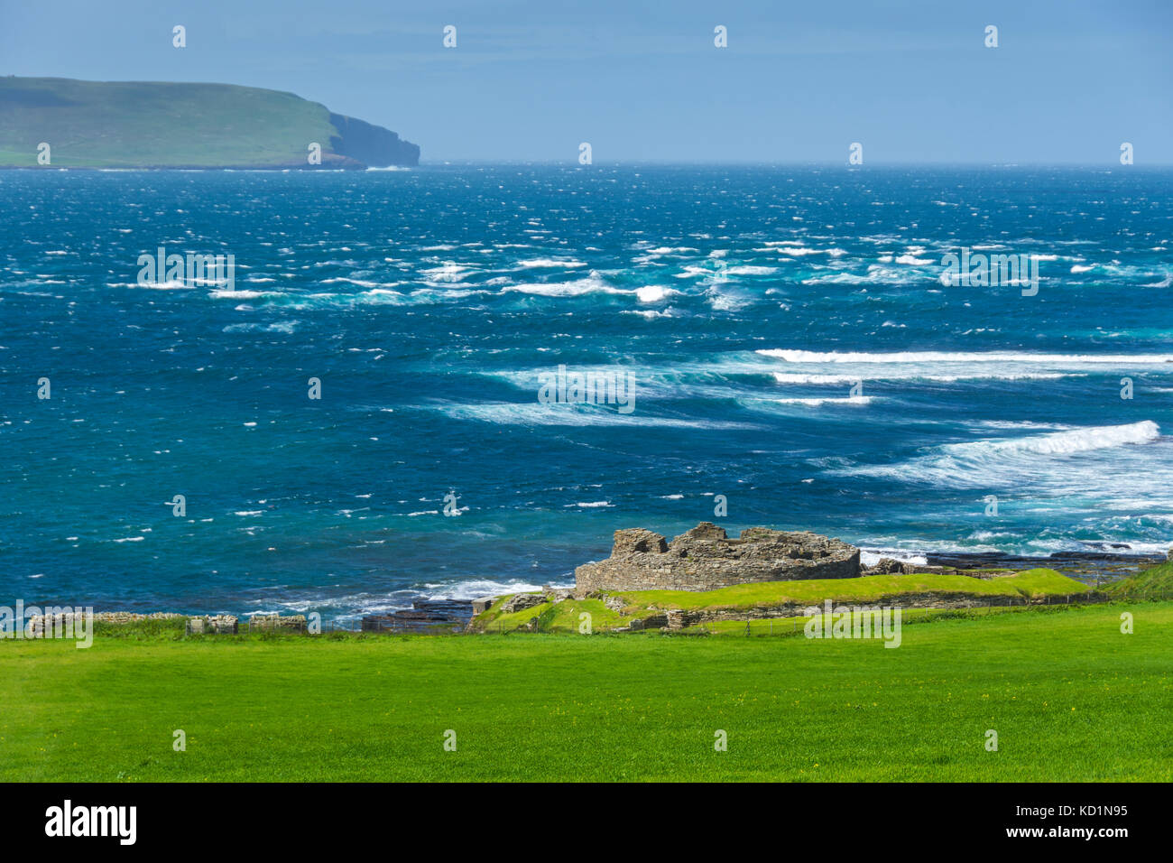 Costa Head over Eynhallow Sound, from Midhowe Broch on the island of Rousay, Orkney Islands, Scotland, UK. Stock Photo