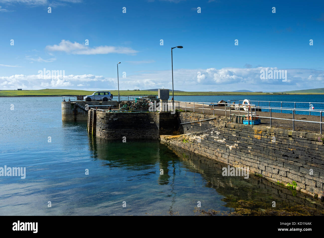 The jetty on the island of Rousay, looking across Eynhallow Sound to the island of  Wyre, Orkney Islands, Scotland, UK. Stock Photo