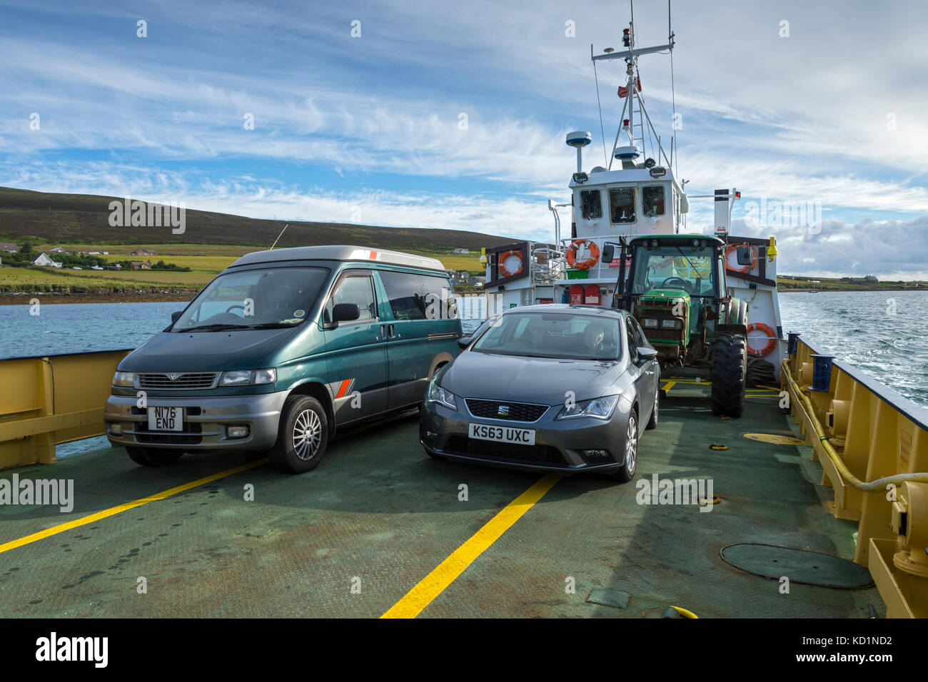 On board the vehicle ferry, the MV Eynhallow crossing Eynhallow Sound after leaving the island of Rousay, Orkney Islands, Scotland, UK. Stock Photo