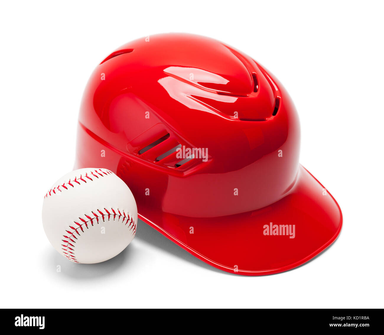 Red Plastic Baseball Helmet with Baseball Isolated on a White