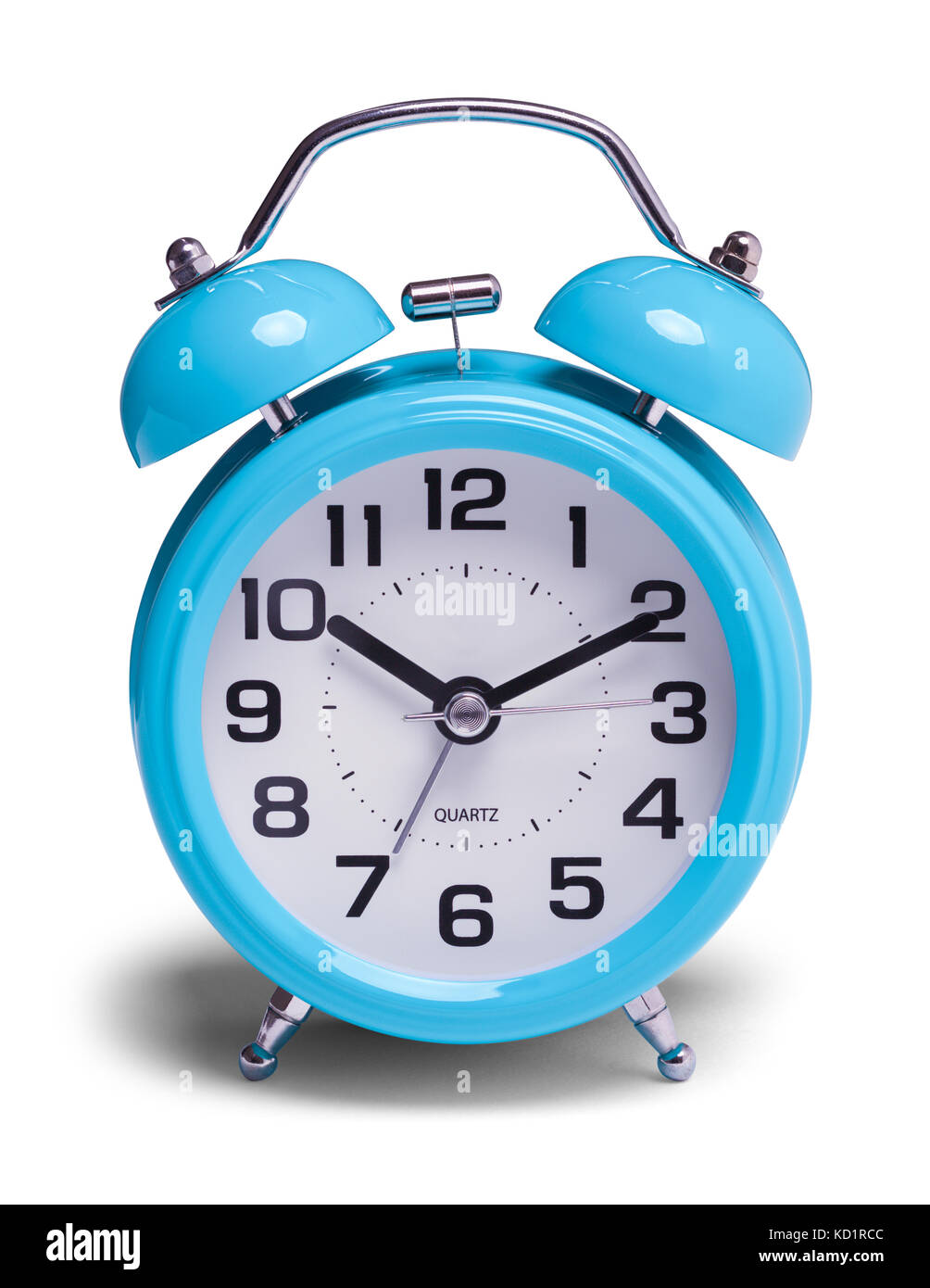 Retro Blue Alarm Clock Front View Isolated on a White Background. Stock Photo