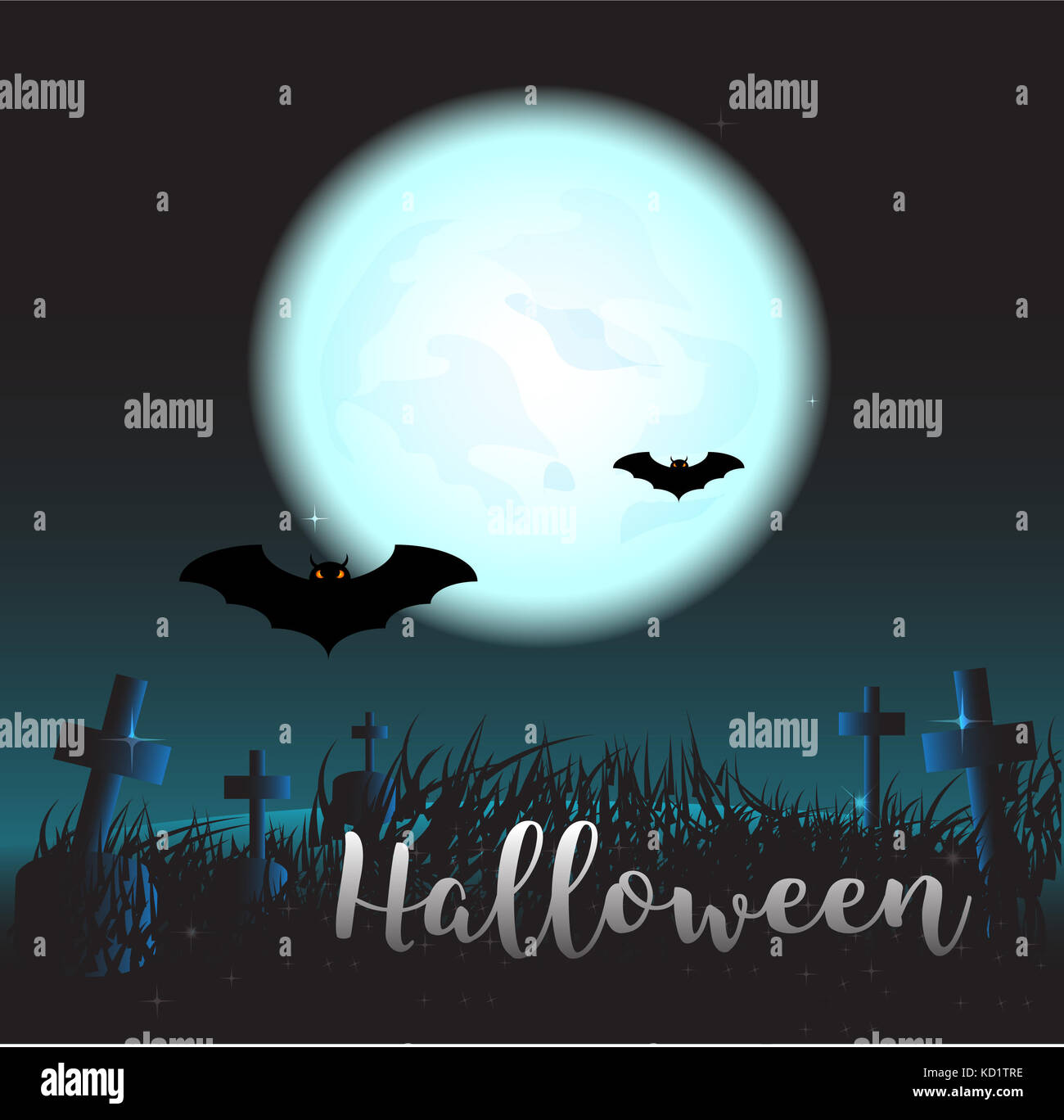 Halloween full moon night background with bats and graveyards in silent ...