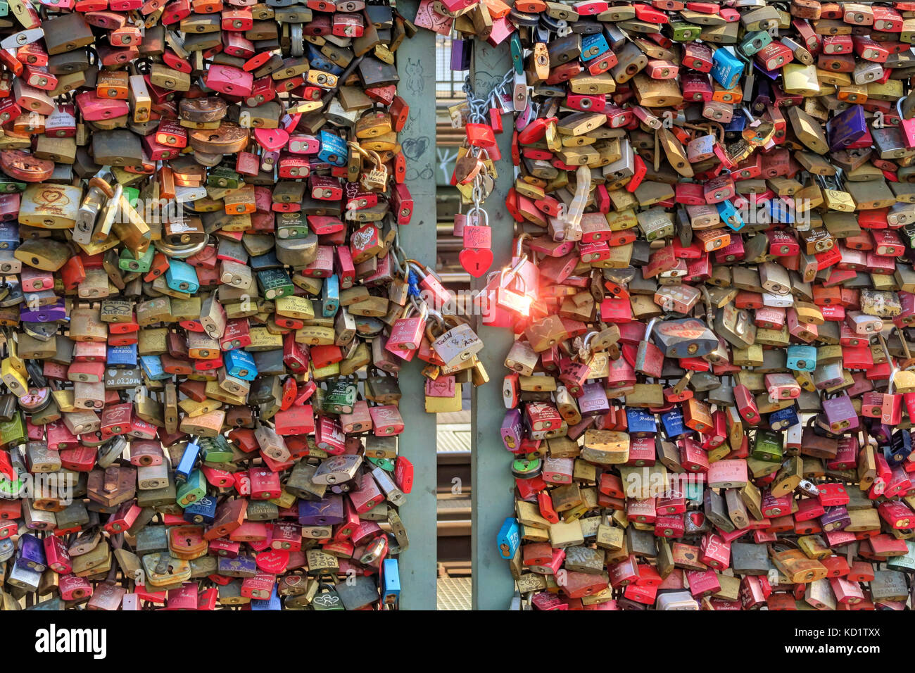 Love locks on Hohenzollernbrücke ( Hohenzollern Bridge) in Cologne (Köln/Koeln), Germany. Stock Photo