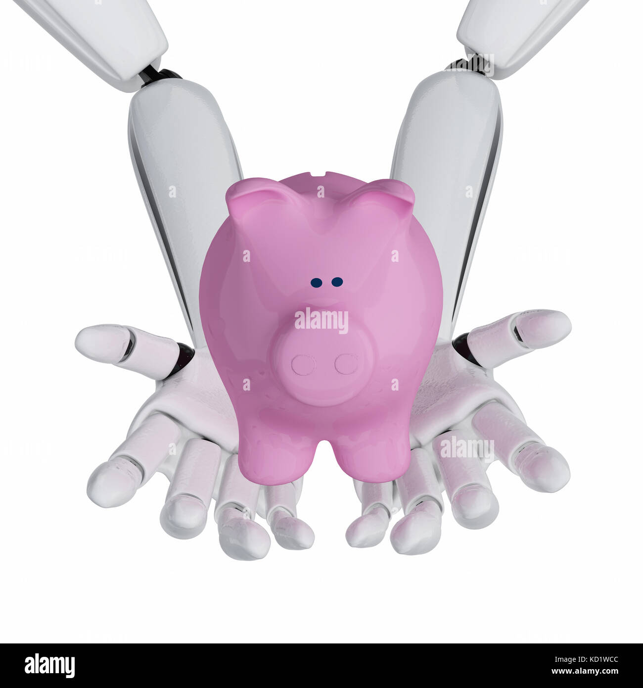 3d robotic hands hold a piggy bank Stock Photo