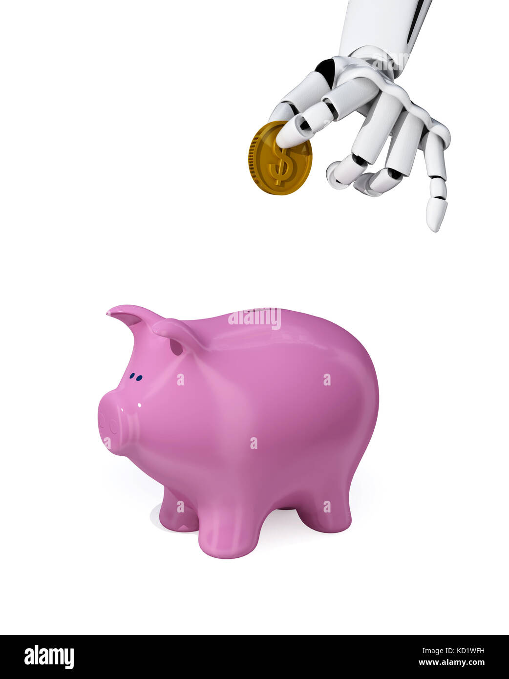 3d robotic hand put a coin into a piggy bank. Concept of savings. Stock Photo