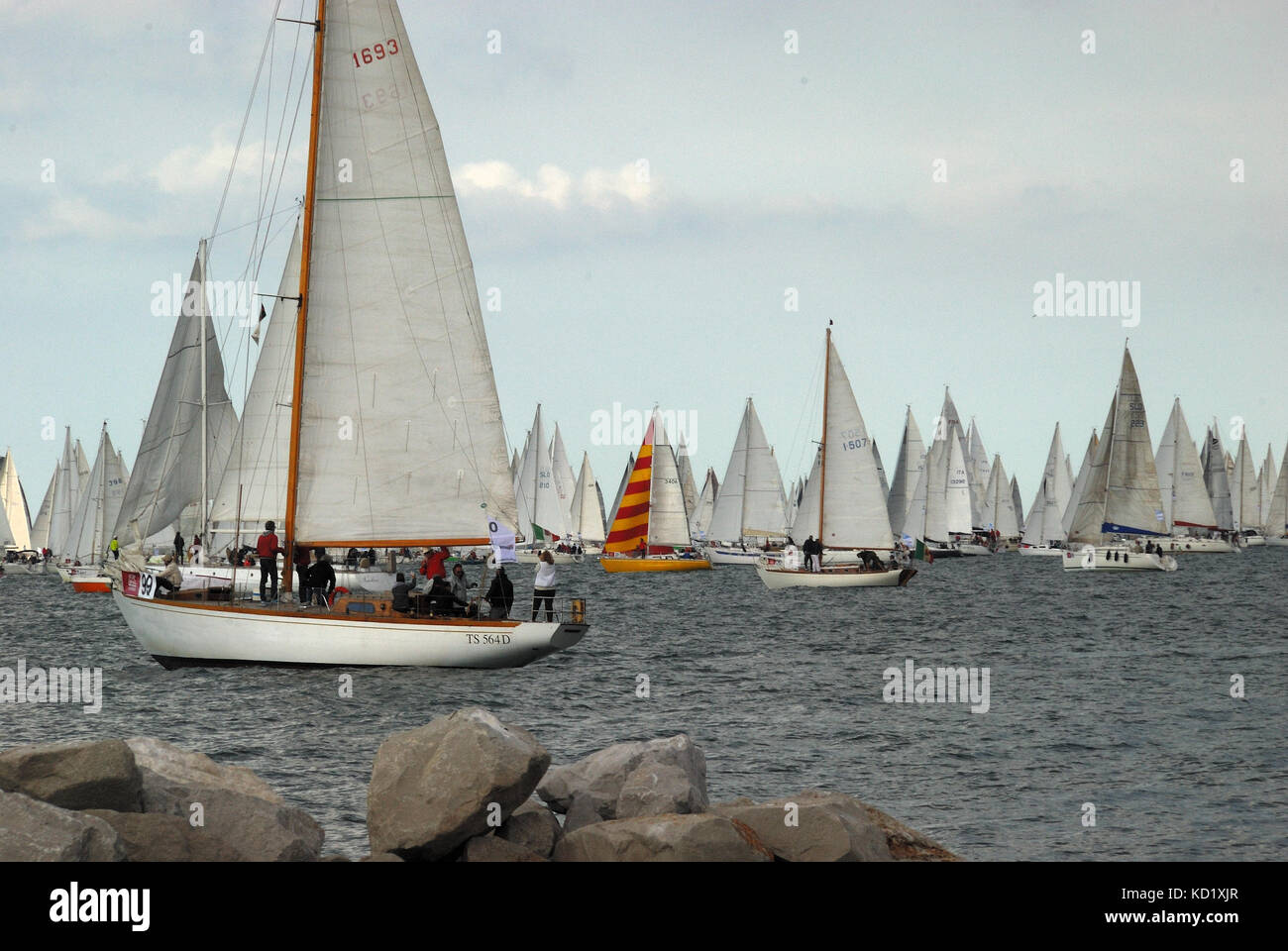 Trieste, Italy. 8th October, 2017. The 49th edition of the famous sailing-race 'Barcolana' takes place on an October Sunday with changeable weather. Stock Photo