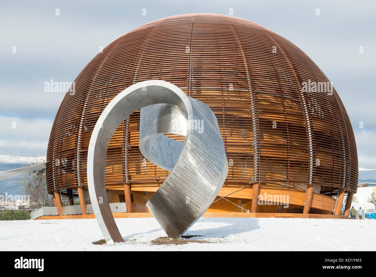 Globe of Science and the 'Wandering the immeasurable' sculpture at CERN,  Meyrin, Switzerland Stock Photo
