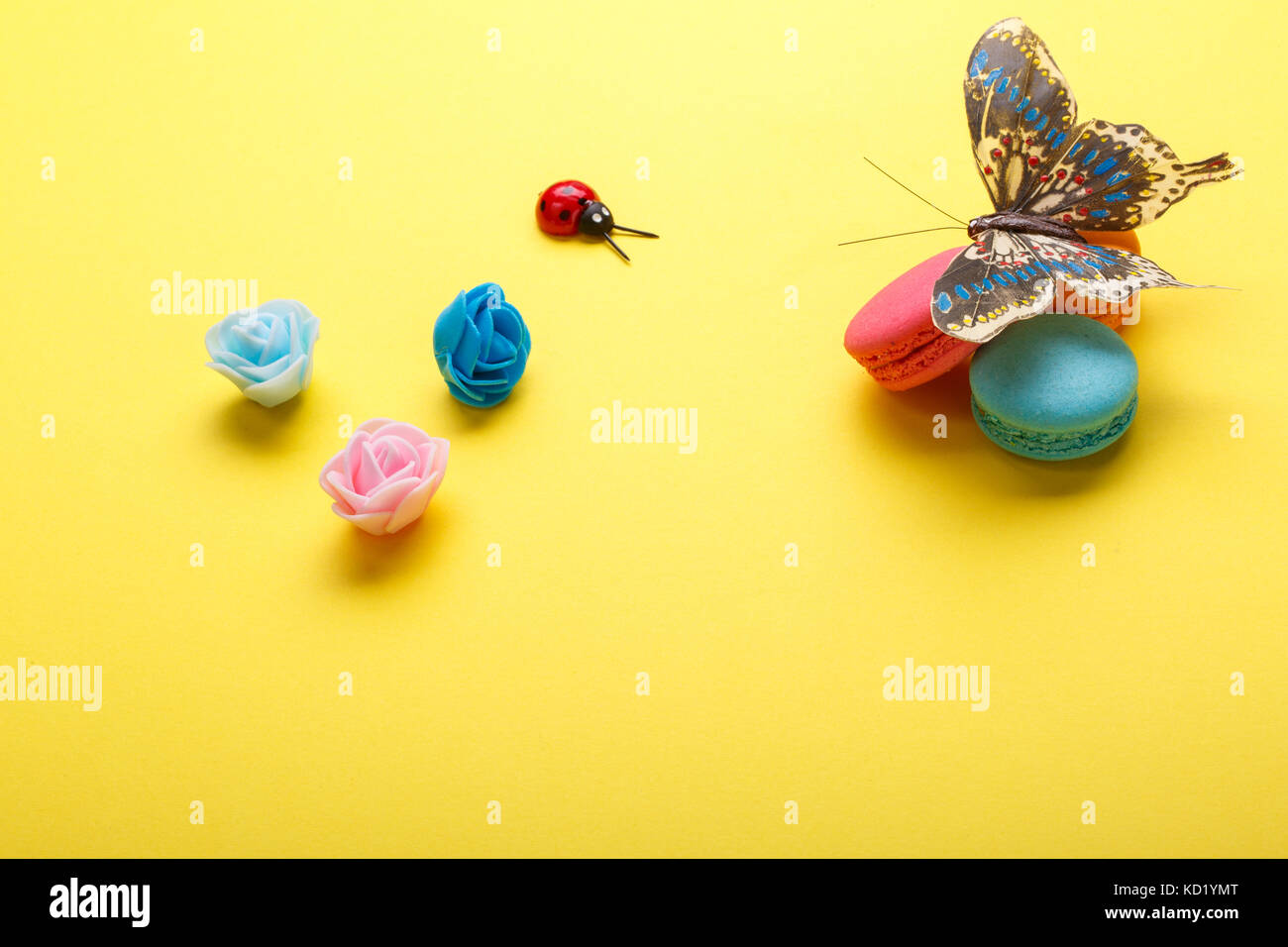 A photo of various macarons and a butterfly, roses, ladybug. shot from ...