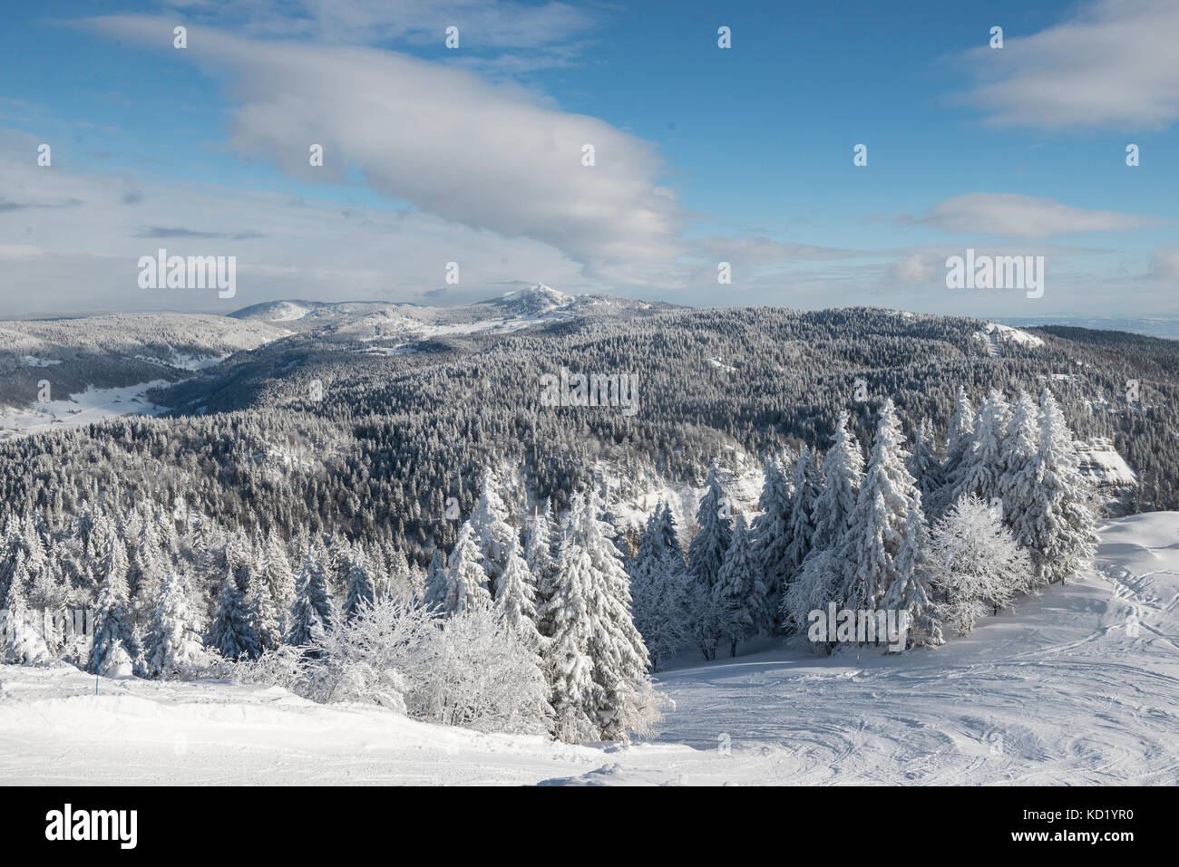 Panoramic view from Mont Rond over the Jura mountains, Mont-Rond, Ain Rhone-Alpes, France Stock Photo
