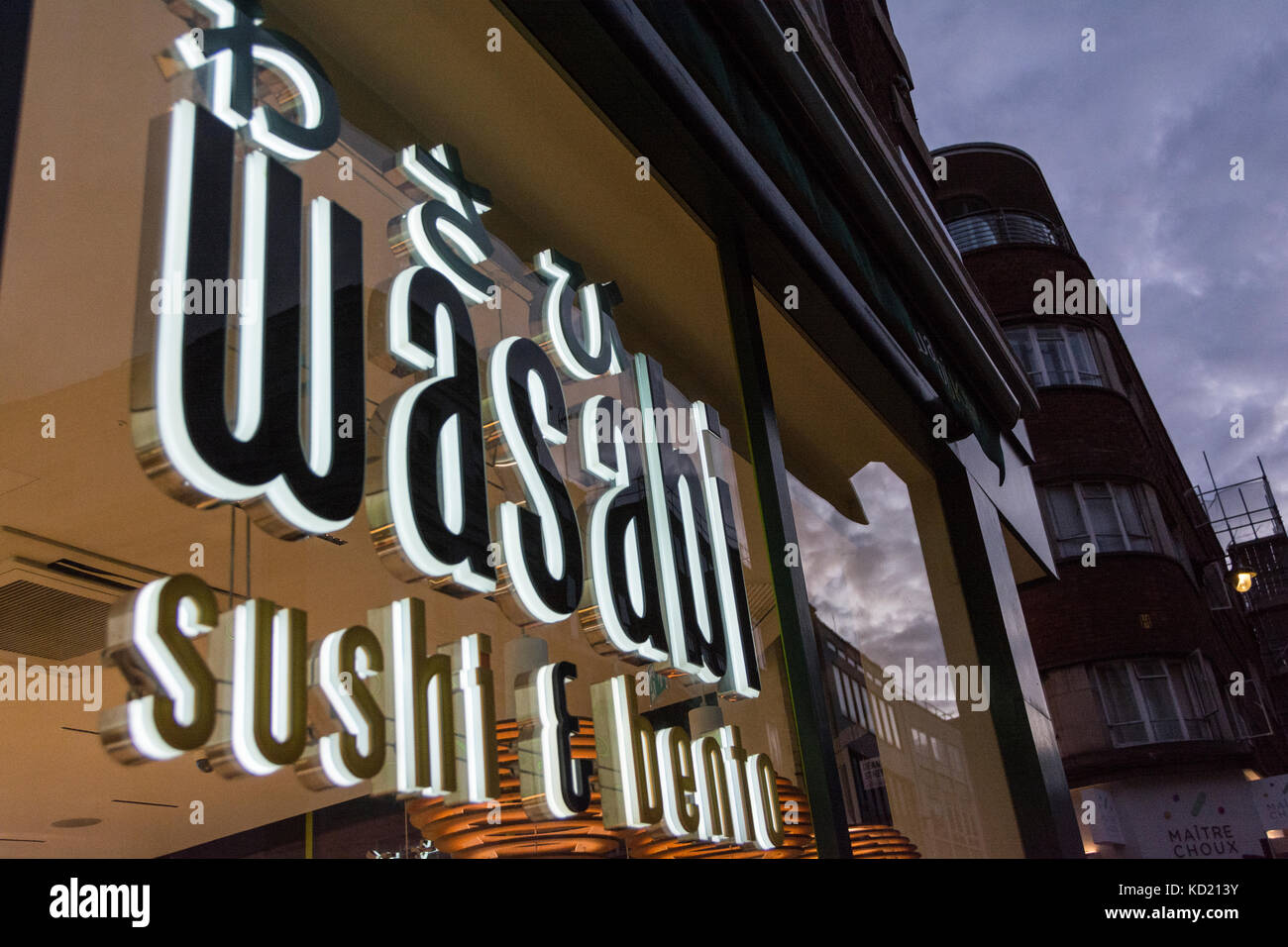 Wasabi fast food restaurant chain Sushi and Bento shop front in Soho, London, UK Stock Photo