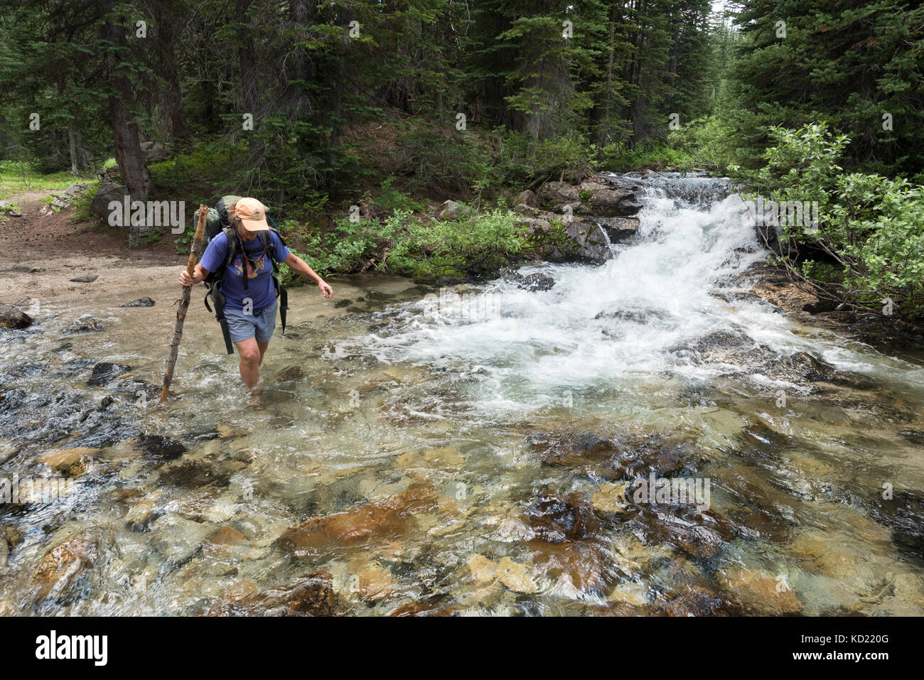 Backpacker fording a stream in Oregon's Eagle Cap Wilderness Area Stock ...