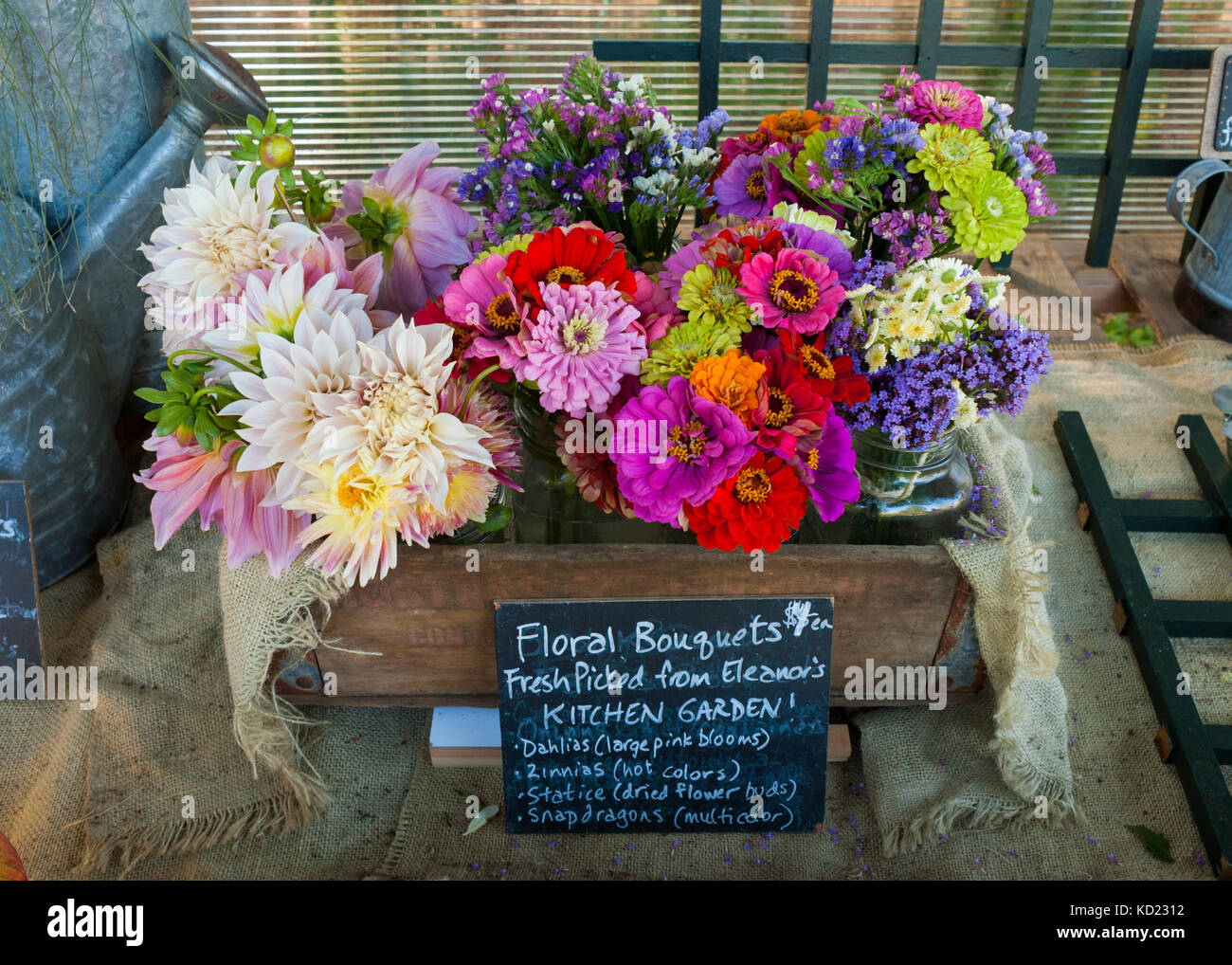 Floral bouquets sold at a farm stand. The Bradley Estate, Canton, MA Stock Photo