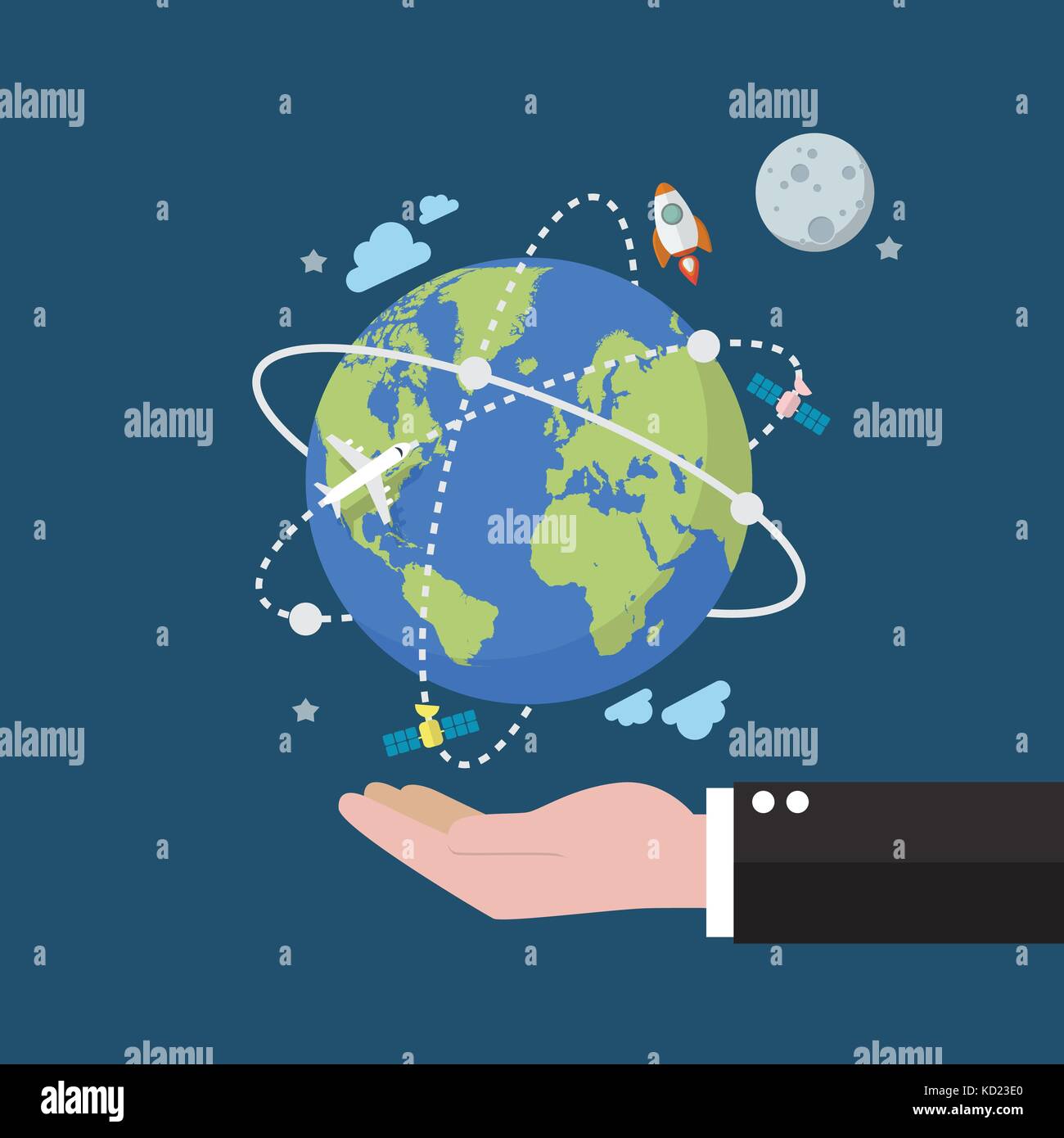 Businessman holding earth globe on space background. Flat style vector illustration Stock Vector
