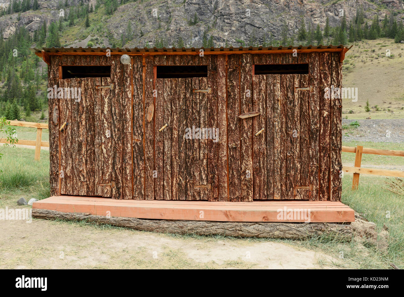 outdoor toilet made of wood in the reserve Stock Photo