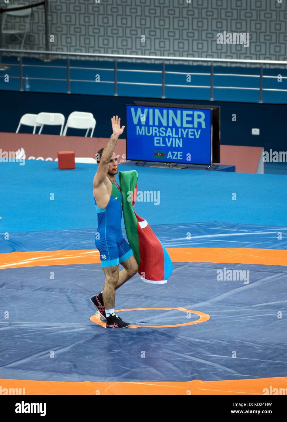 Baku, Azerbaijan - May 18, 2017 : Musaliyev Elvin, gold medal winner of Greco Roman wrestling 75kg competition at 4th Islamic Solidarity Games Stock Photo